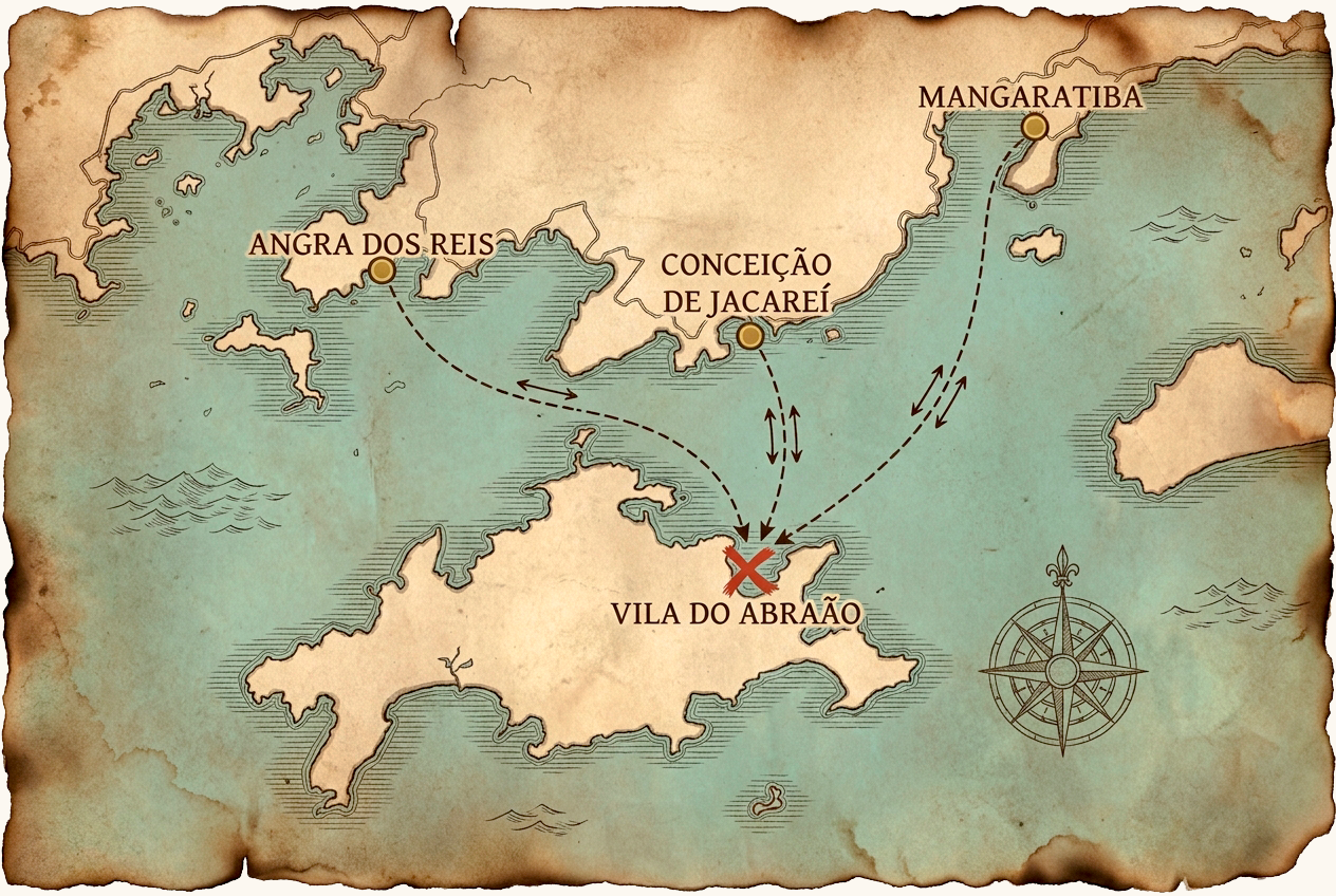 Map of the bay showing the three mainland ports — Mangaratiba, Angra dos Reis and Conceição de Jacareí — and their boat routes to Vila do Abraão on Ilha Grande.
