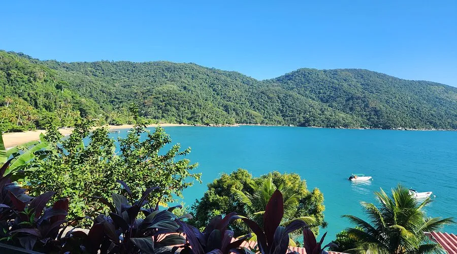 Elevated view of the turquoise bay and beach of Praia de Palmas, Ilha Grande