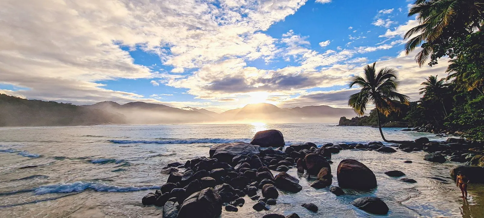 Praia do Aventureiro at sunset, Ilha Grande, with its leaning palm and boulders
